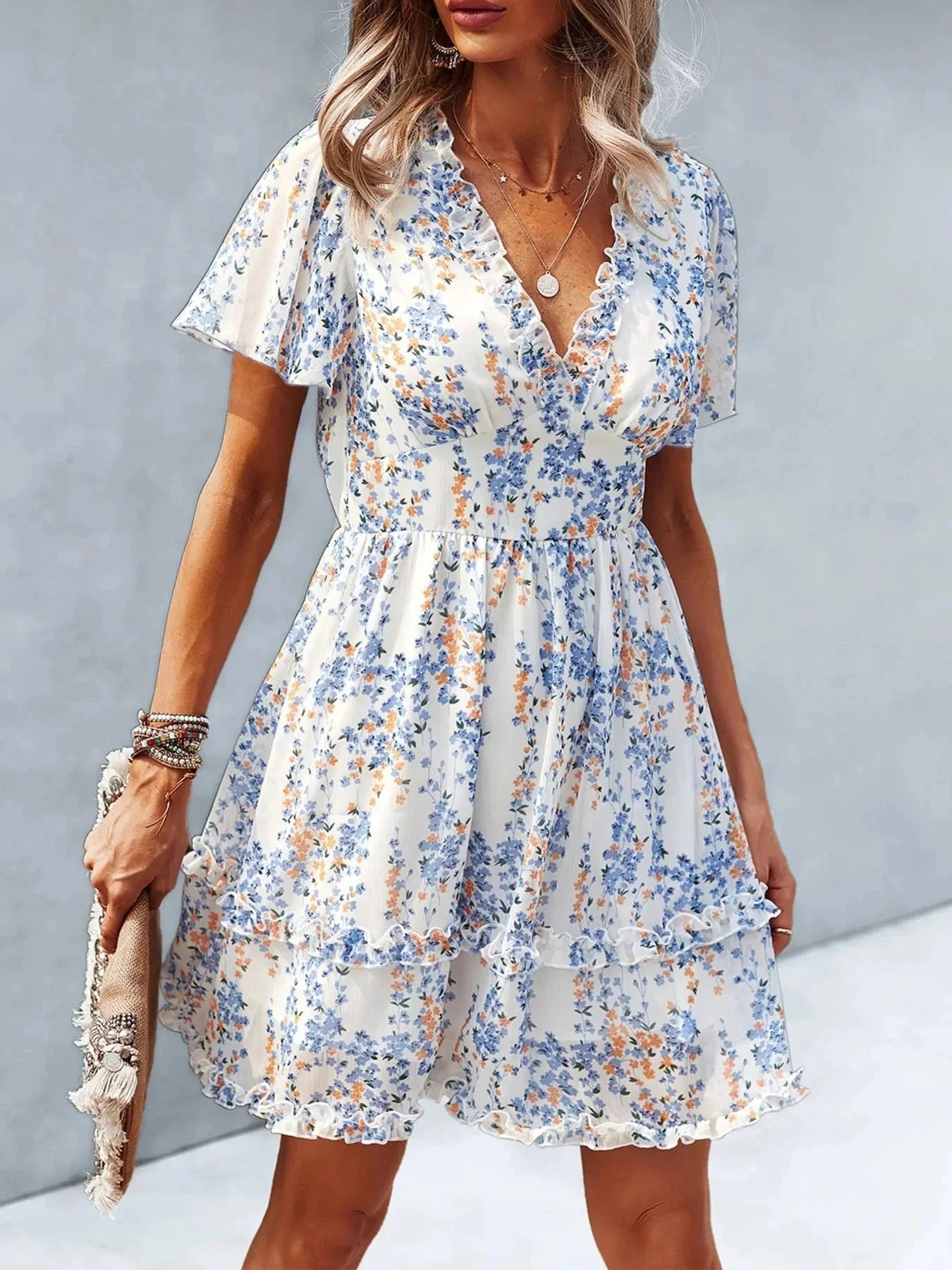 Floral Wrap Dress with Flutter Sleeves - VILLA FASHION